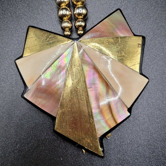 Vintage Carla Jordan Statement Necklace Thermoset 24"-27" Abalone Gold On Black - Picture 3 of 9